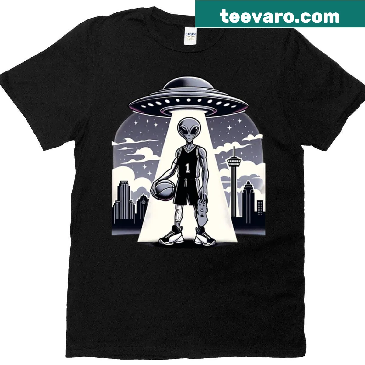 Shirt featuring an illustration of an alien with its mask off — on a men's t-shirt
