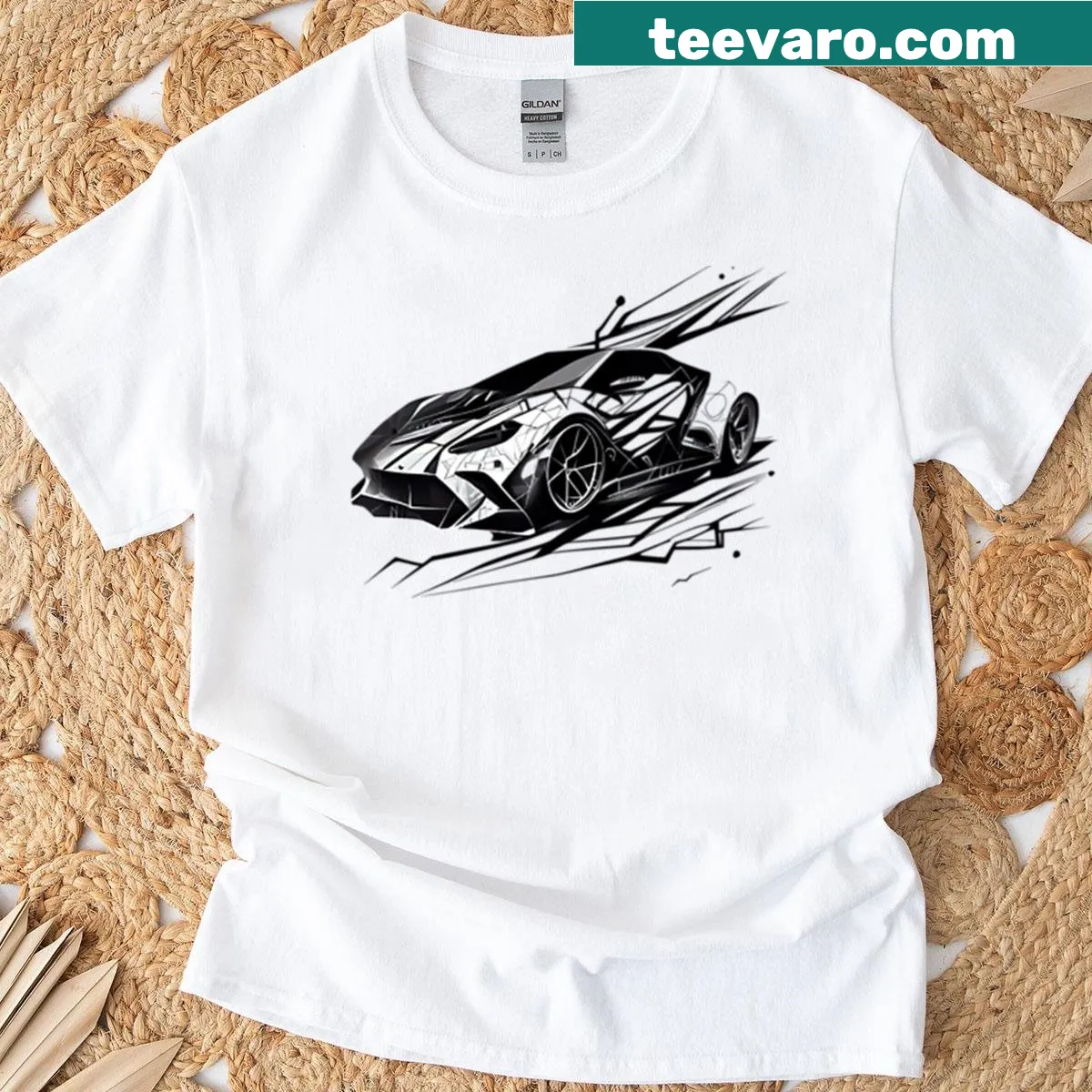 Minimalist line drawing of a sports car on a t-shirt — on a men's t-shirt