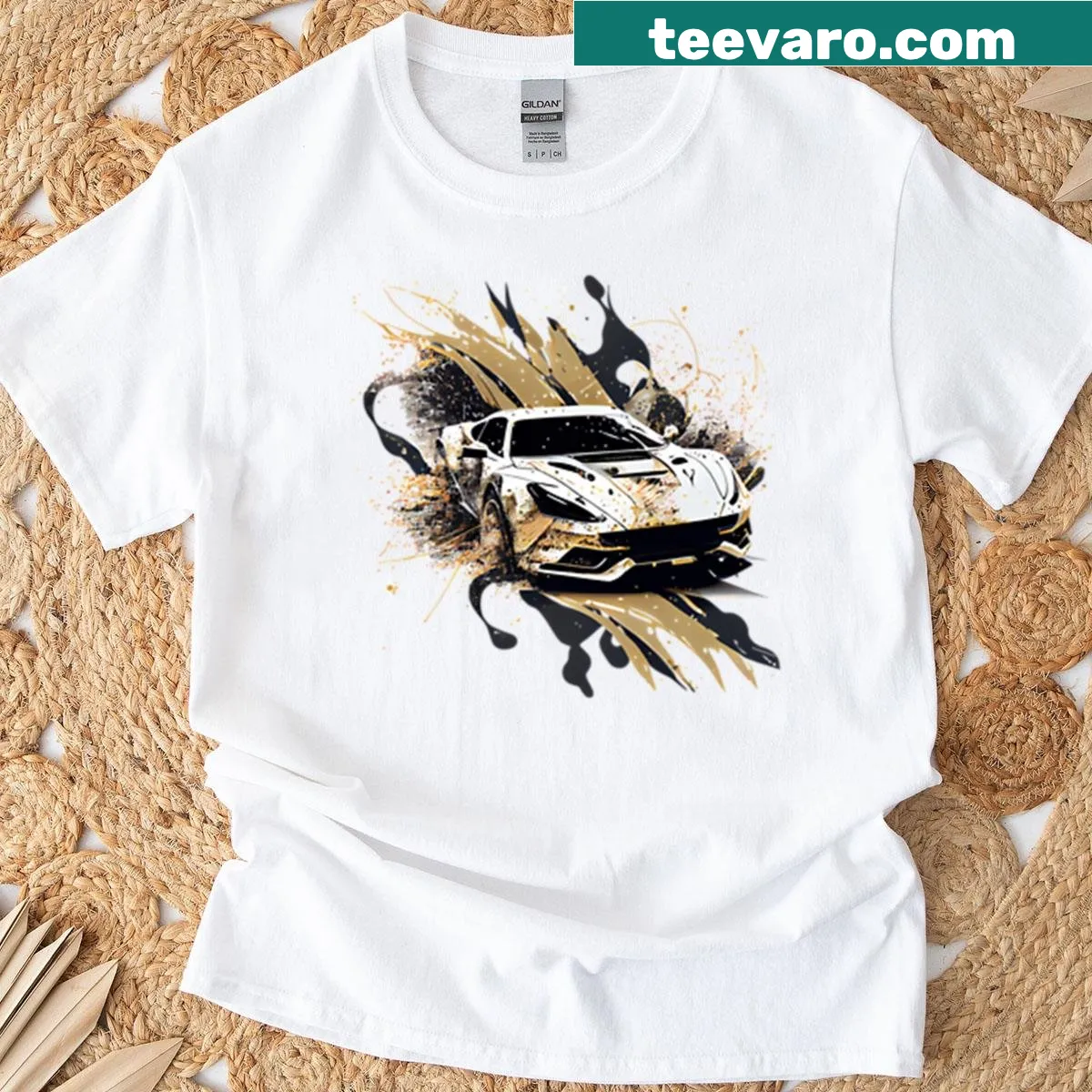 Stylish sports car graphic T-shirt — on a men's t-shirt