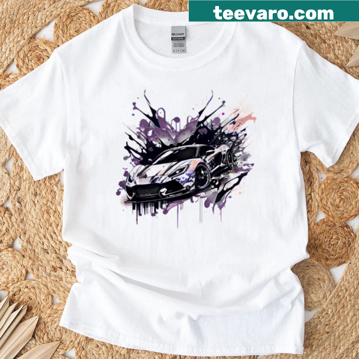 T-shirt featuring a white sports car design with lilac accents. — on a men's t-shirt