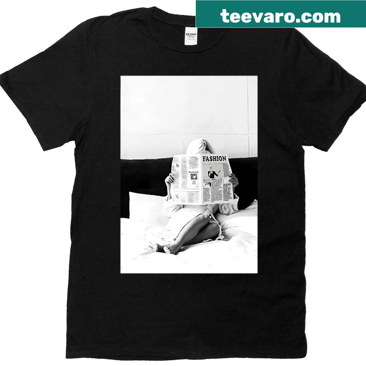 Illustration of a woman reading in bed with a coffee cup — on a men's t-shirt