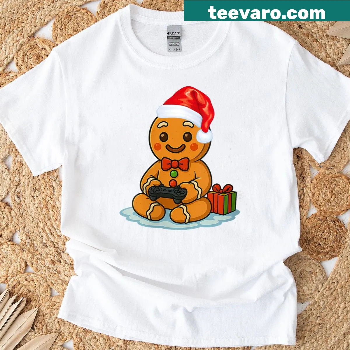 Funny Christmas gamer T-shirt with gingerbread theme and gaming graphics — on a men's t-shirt