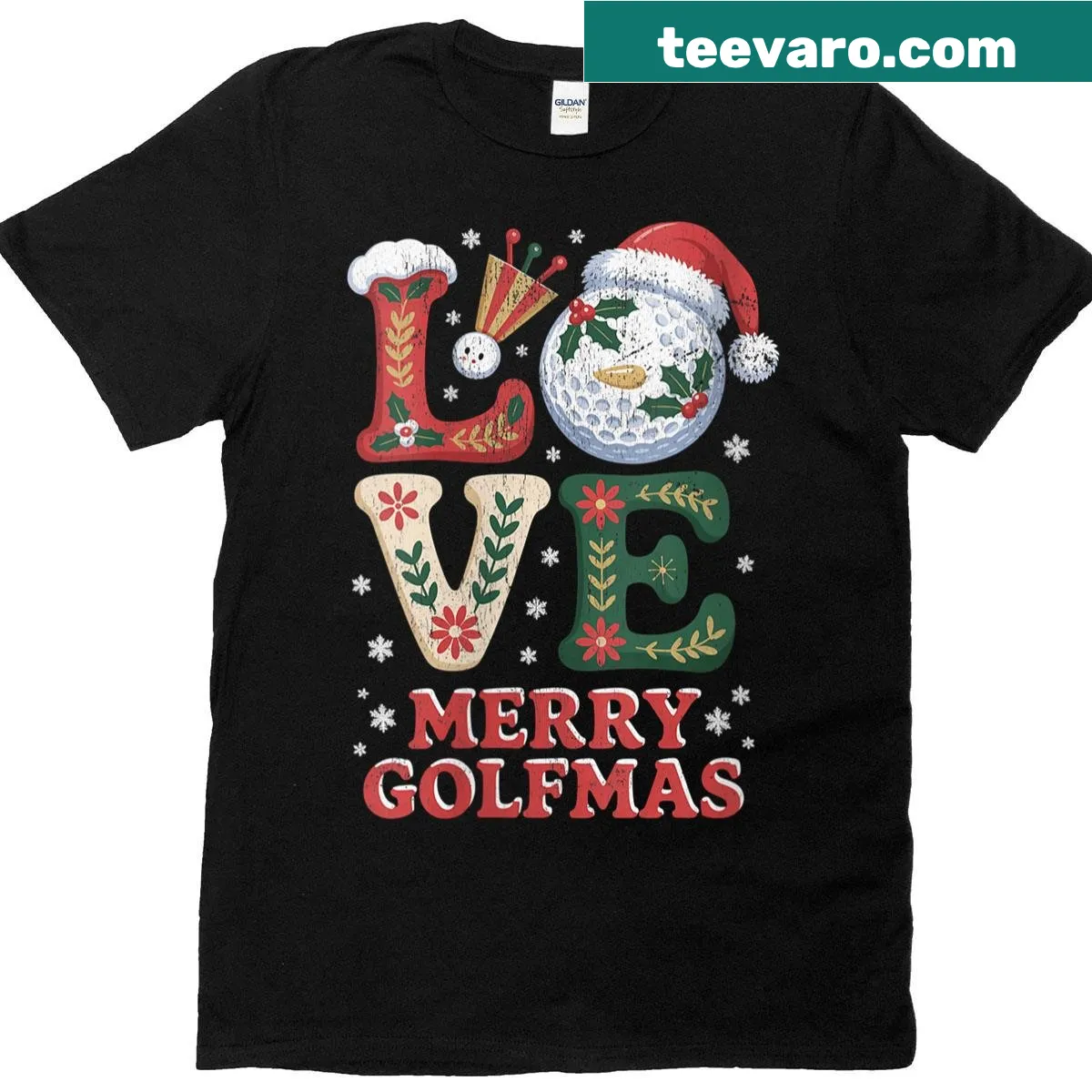 Funny Christmas golf shirt with Santa hat and golf-themed graphics — on a men's t-shirt