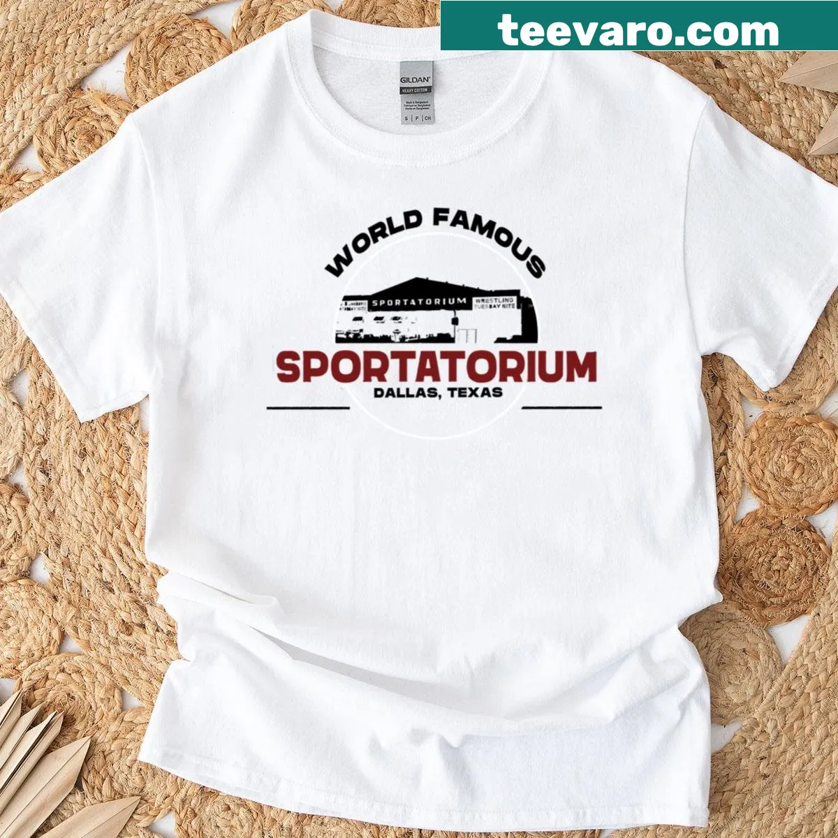 T-shirt featuring an illustration of the Dallas Sportatorium — on a men's t-shirt