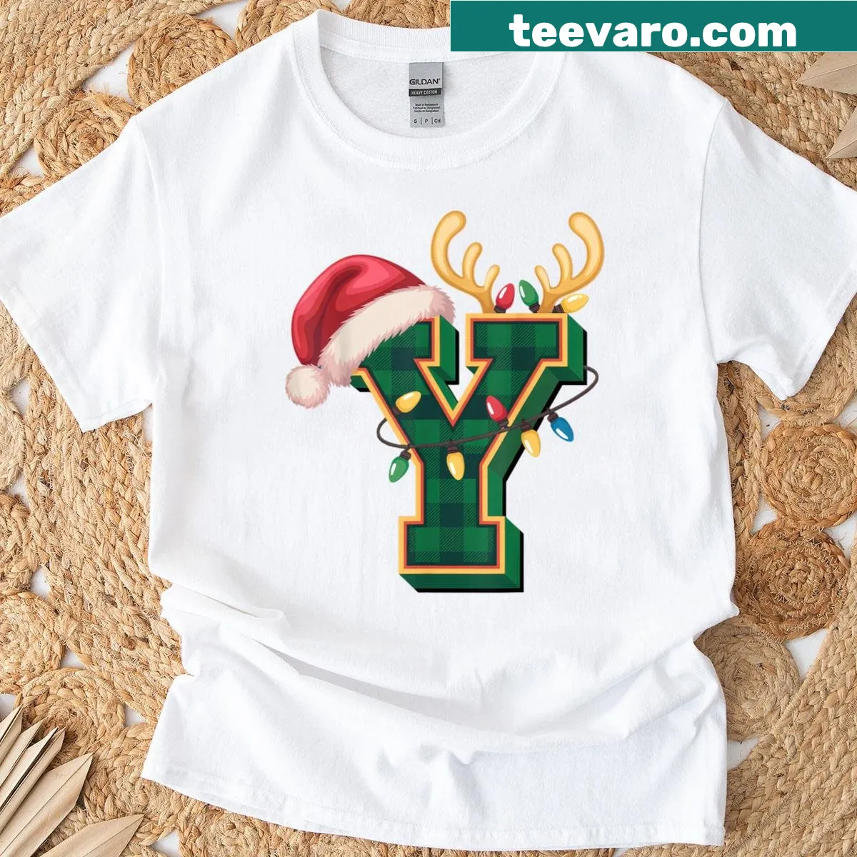 Festive Christmas shirt with reindeer antlers and lights illustration — on a men's t-shirt