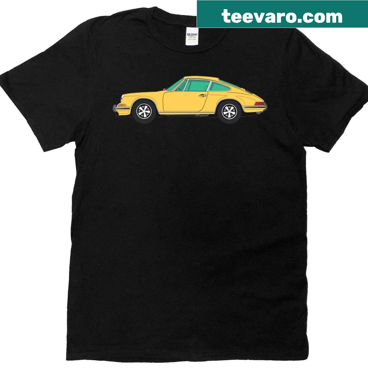 Illustration of a vintage 1967 yellow Porsche 911 R t-shirt — on a men's t-shirt