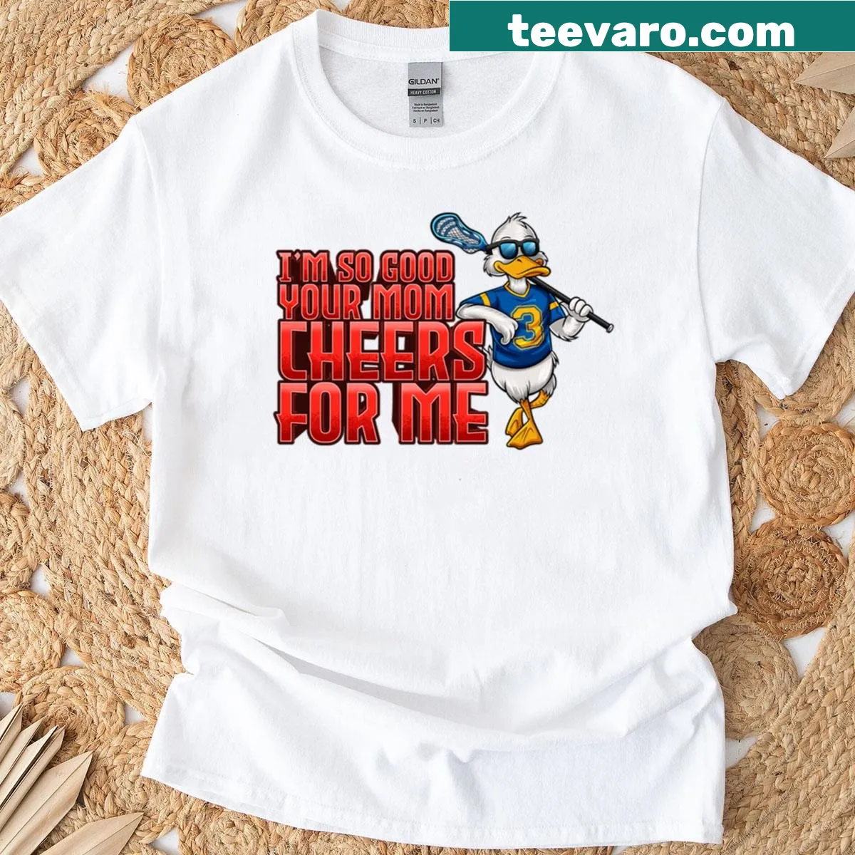 Funny lacrosse t-shirt with 'Your Mom Cheers For Me' slogan — on a men's t-shirt