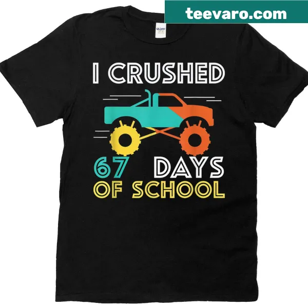 Kids T-shirt with an illustration of a school truck celebrating 100 days of school
