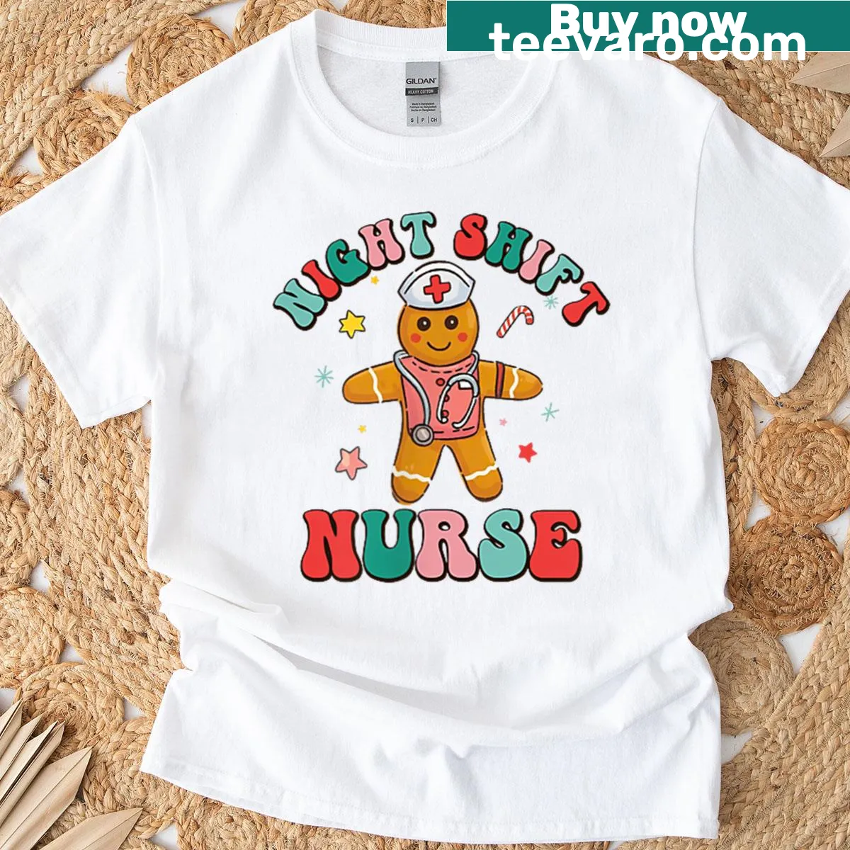 Cute gingerbread-themed nurse t-shirt with 'Night Shift Squad' graphics. — on a men's t-shirt