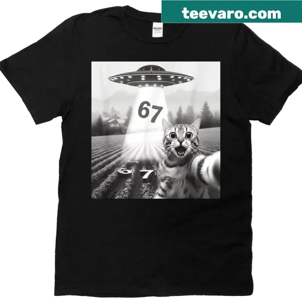 Funny cat with UFOs cartoon design on a T-shirt