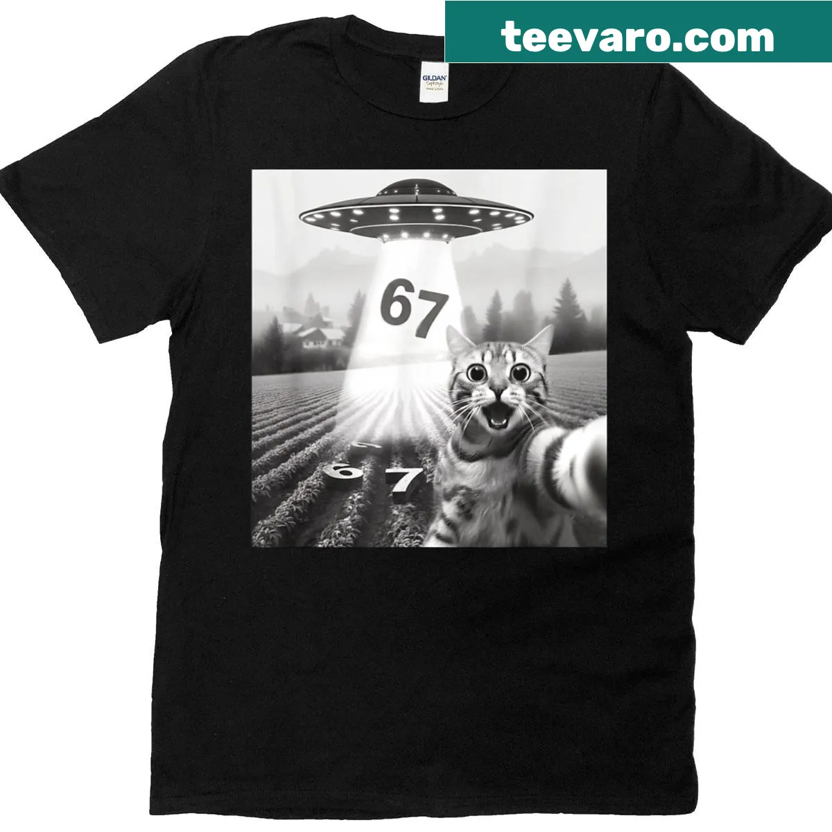 Funny cat with UFOs cartoon design on a T-shirt — on a men's t-shirt