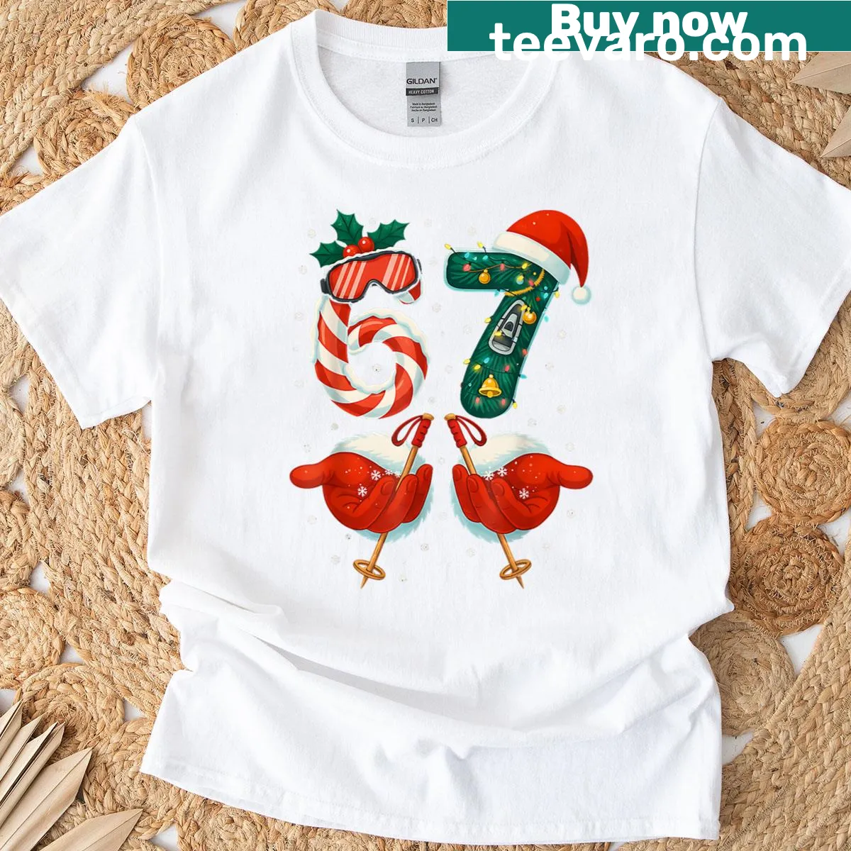 Playful meme-themed Christmas winter t-shirt with ski graphics. — on a men's t-shirt