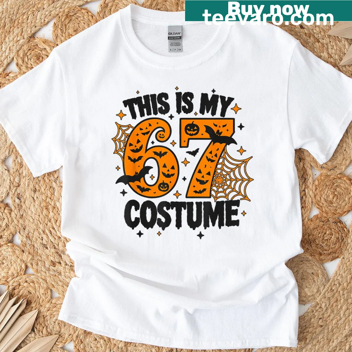 Halloween-themed shirt featuring the number 67 in a humorous design. — on a men's t-shirt