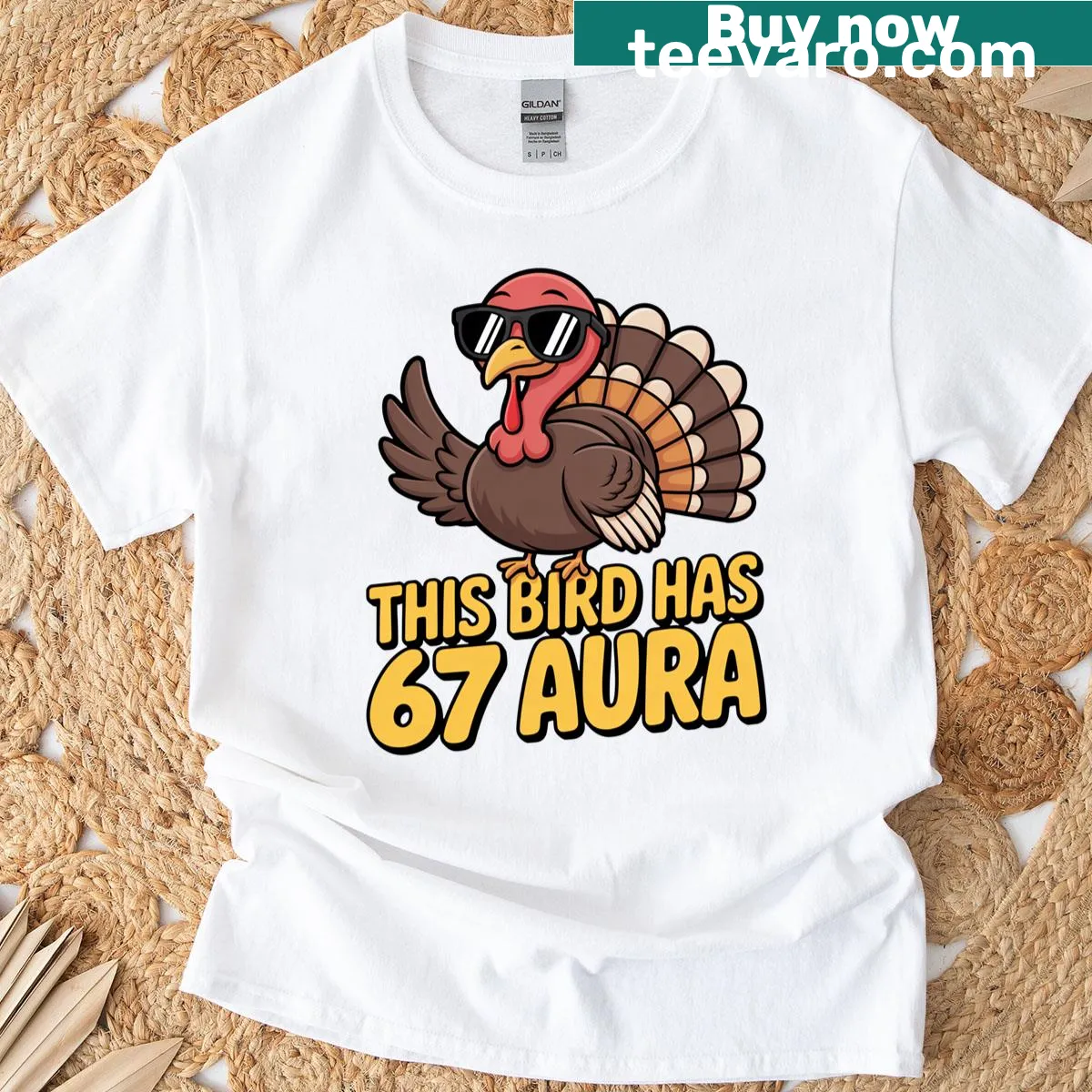 Thanksgiving T-shirt with turkey illustration and the numbers 6 and 7 — on a men's t-shirt