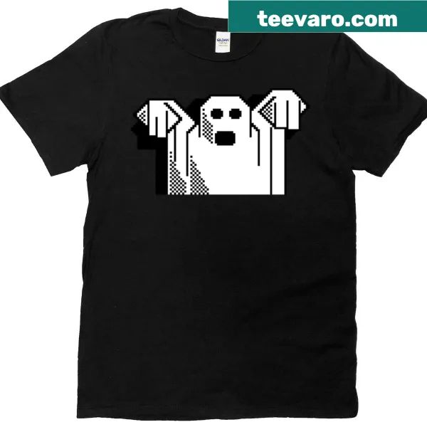Cartoon-style 8-bit ghost graphic T-shirt with a nostalgic design