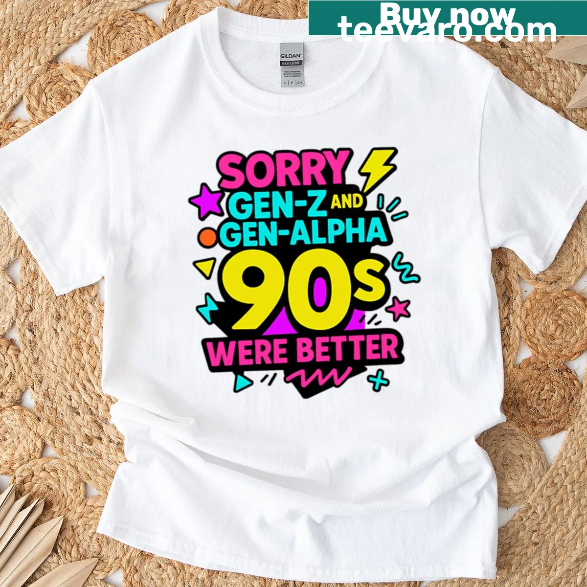Nostalgic T-shirt for 90s kids featuring playful generational text — on a men's t-shirt