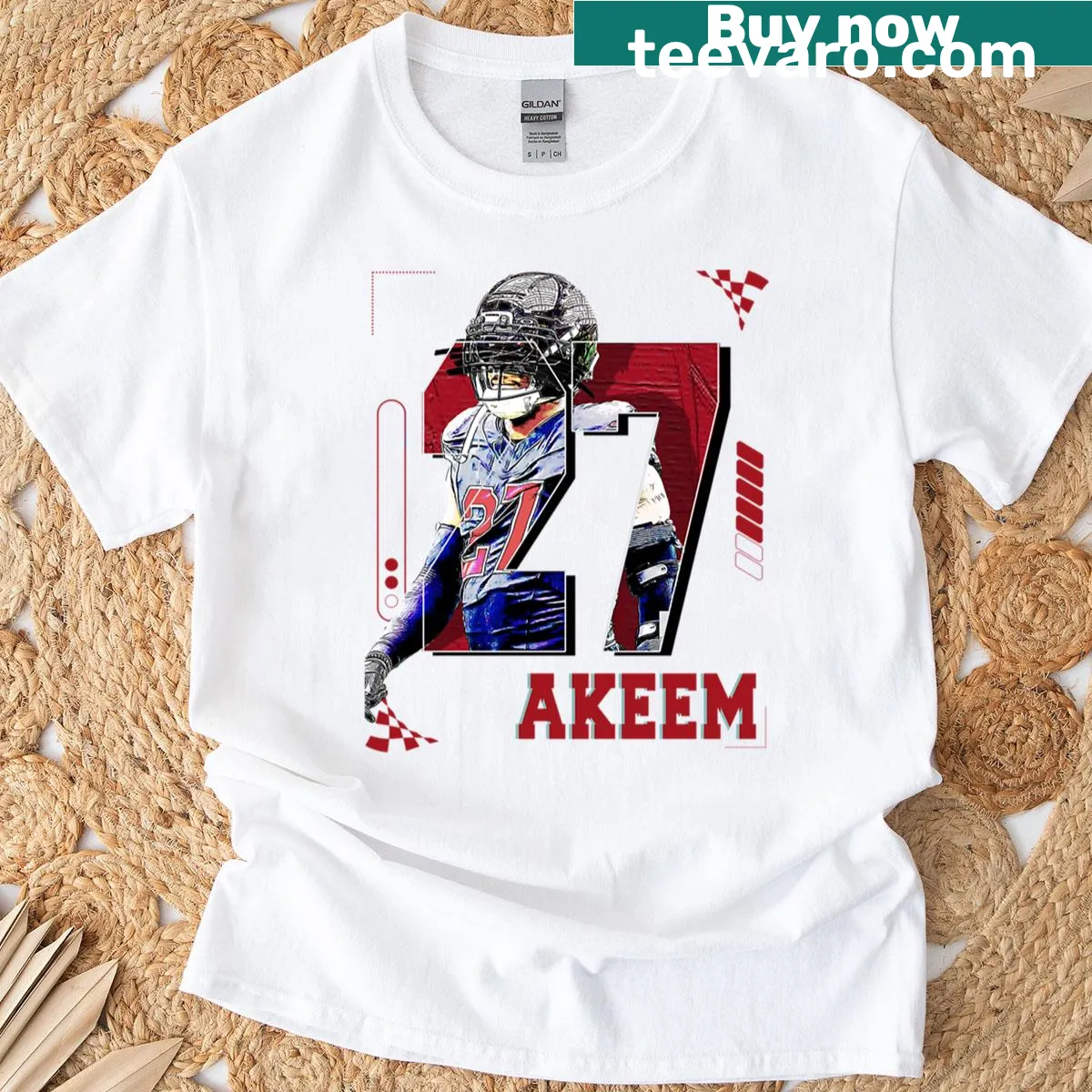Illustrated graphic of Akeem Davis-Gaither in action on t-shirt. — on a men's t-shirt