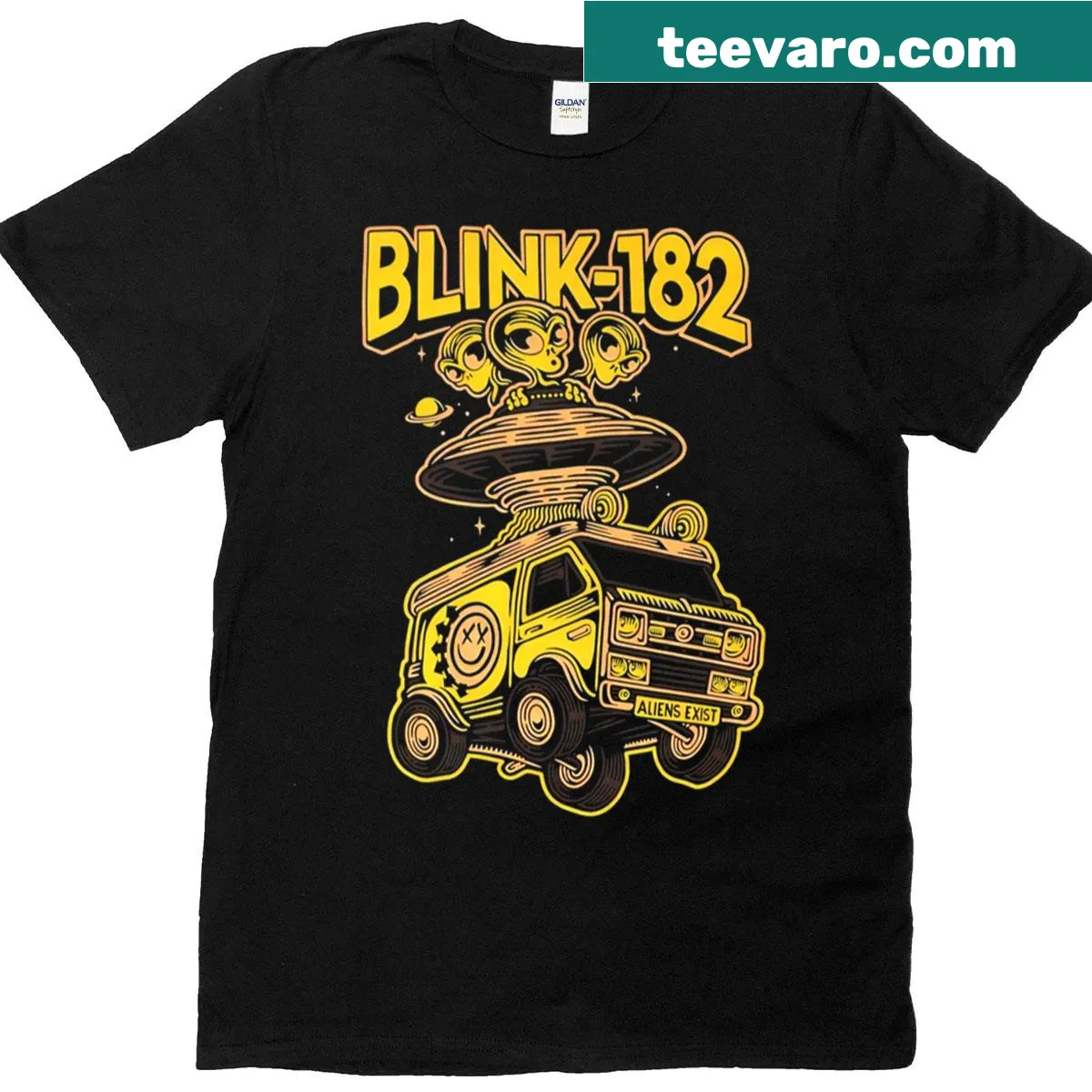 Blink 182 t-shirt with Alien Exist text in bold typography — on a men's t-shirt