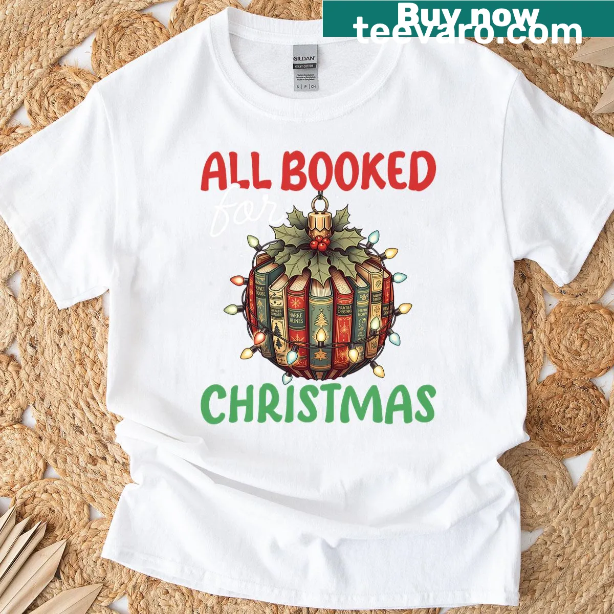 Christmas shirt for teachers with book ornament illustration and festive text — on a men's t-shirt