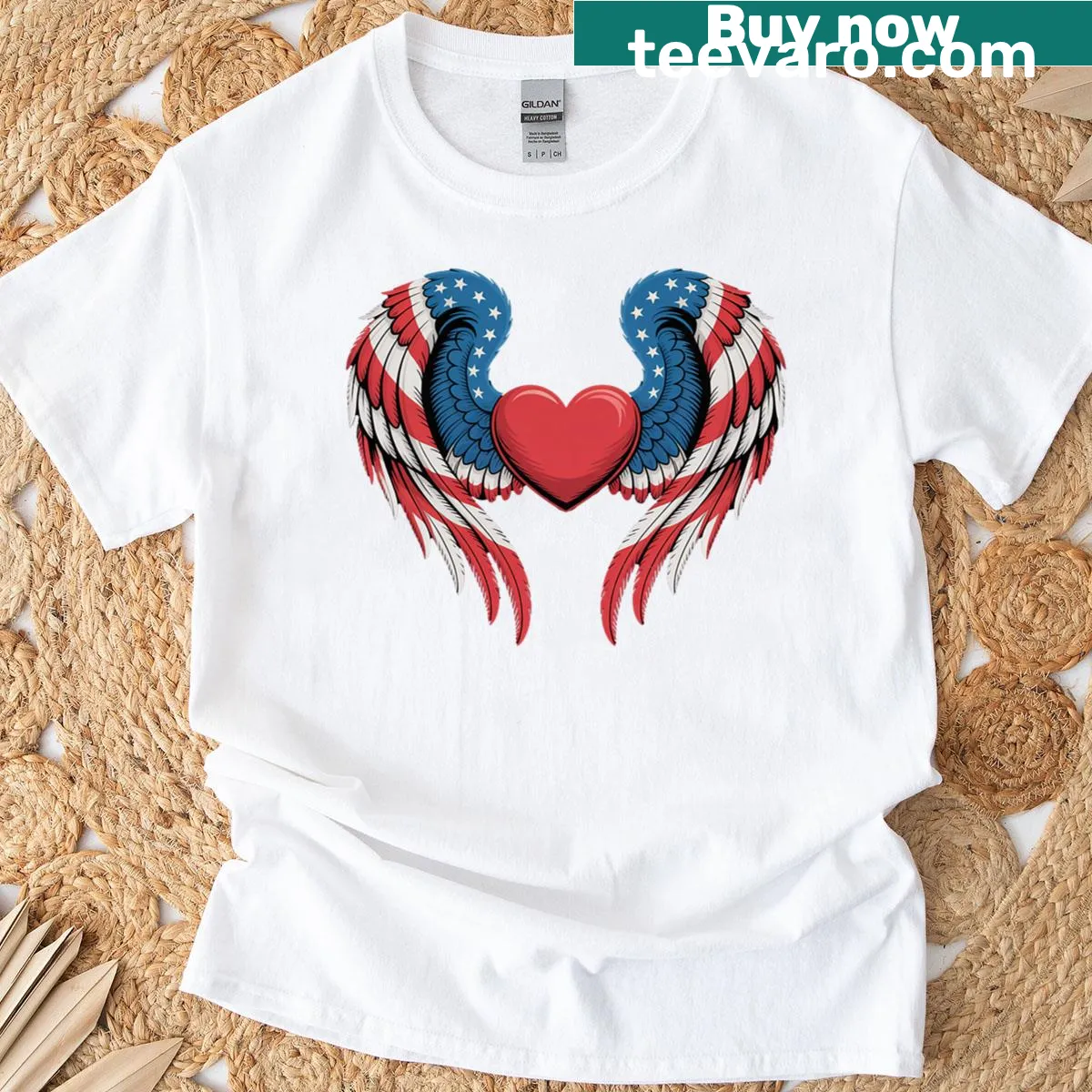 Patriotic T-shirt featuring an American flag heart with angel wings — on a men's t-shirt