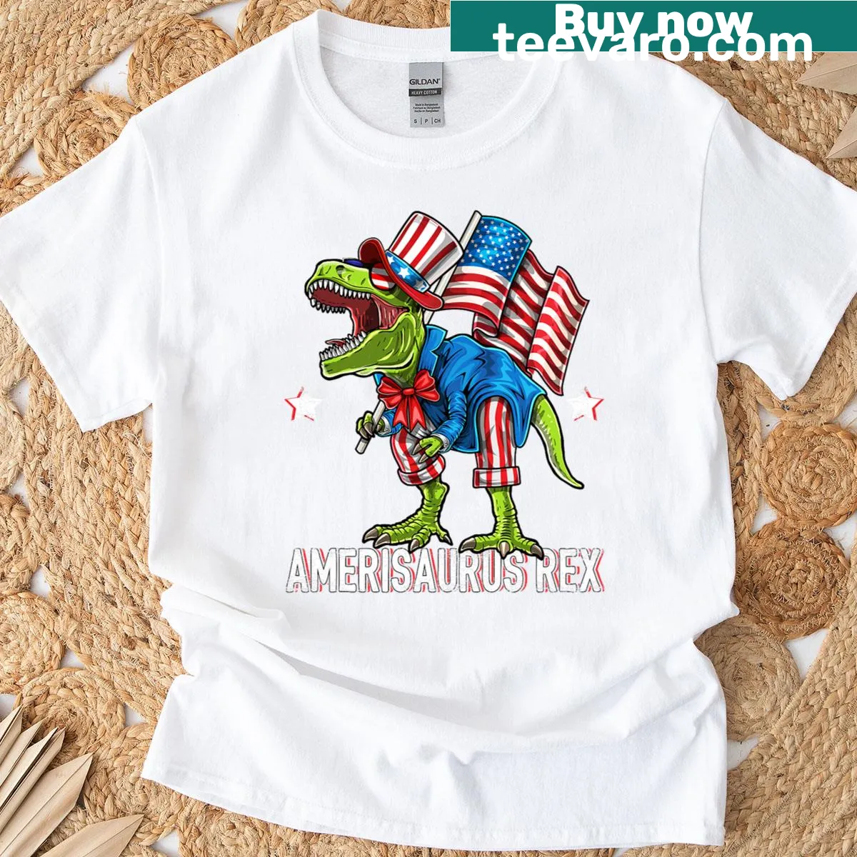 T-shirt with a dinosaur dressed as Uncle Sam for July 4th — on a men's t-shirt