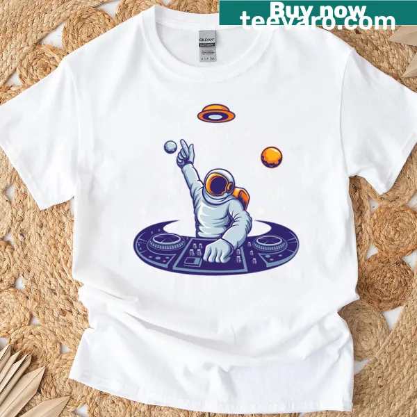 Illustration of an astronaut DJ in space on a T-shirt