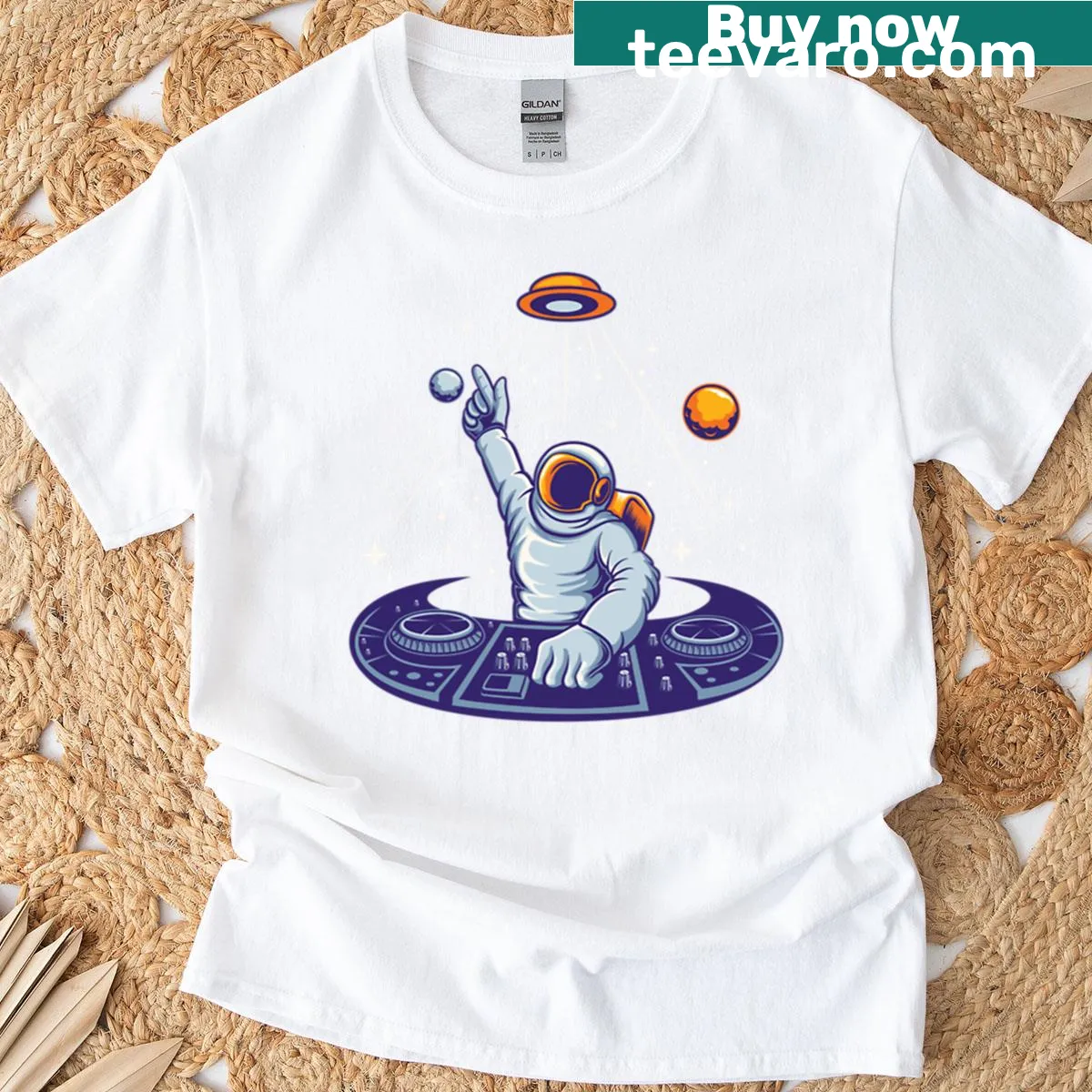 Illustration of an astronaut DJ in space on a T-shirt — on a men's t-shirt