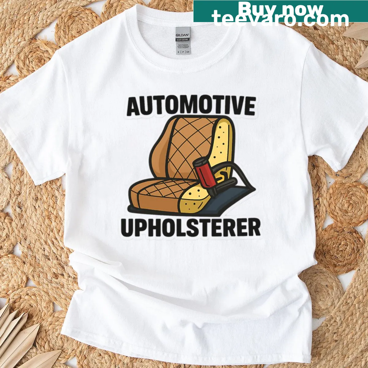 T-shirt showcasing tools for automotive upholstery — on a men's t-shirt