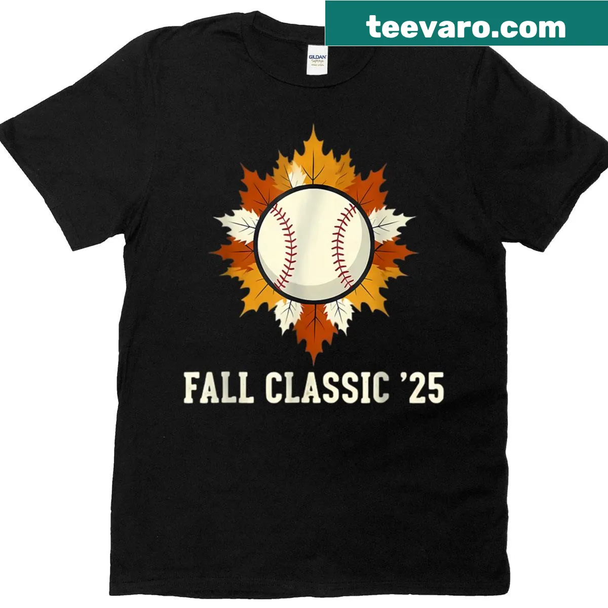 Stylish autumn-themed baseball t-shirt with Fall Diamond Spirit — on a men's t-shirt