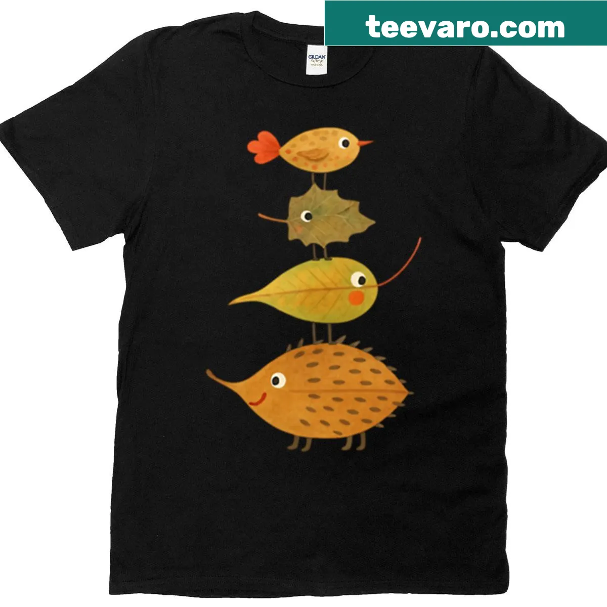 Whimsical autumn animal illustration t-shirt with leaves — on a men's t-shirt