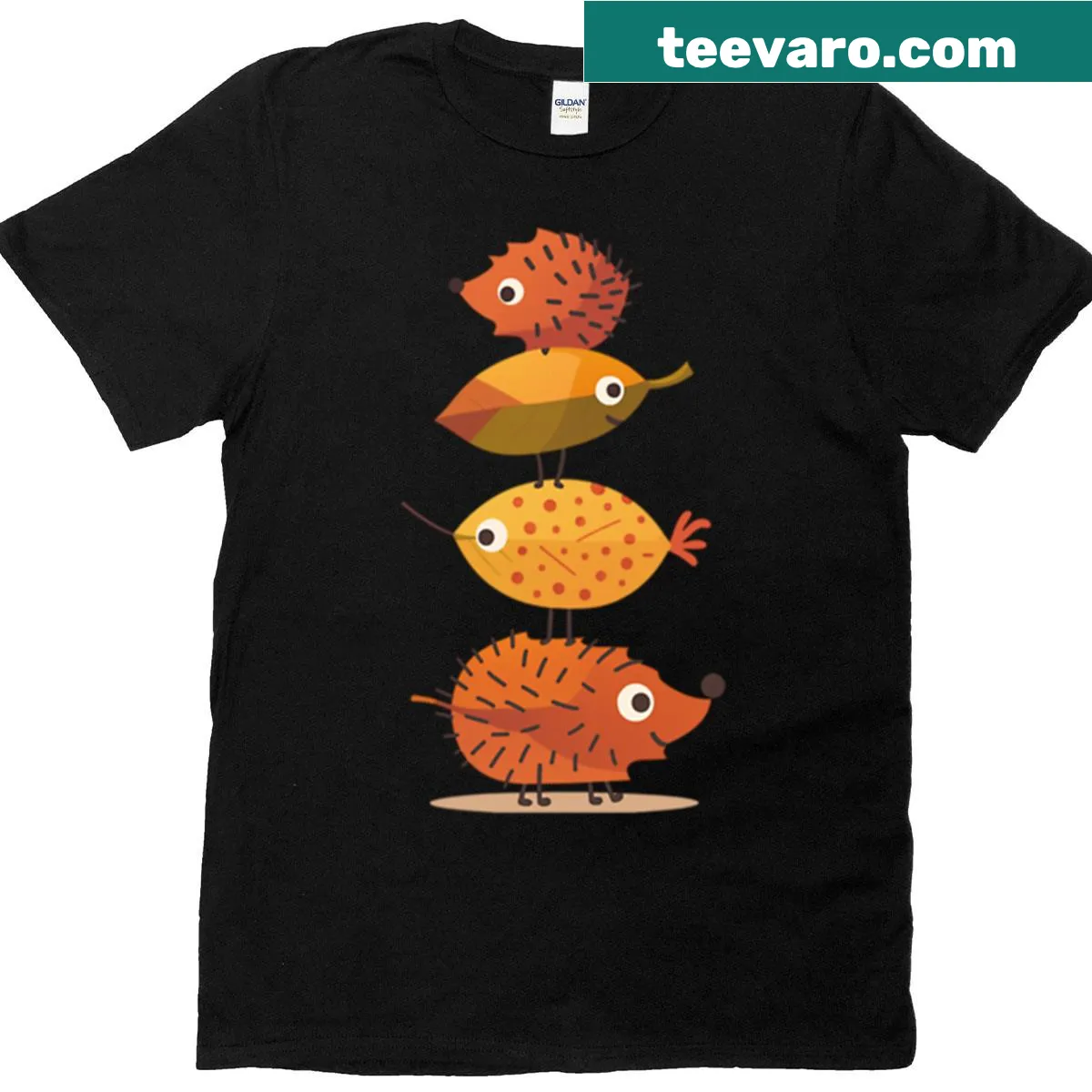 Cute illustration of stacked hedgehogs and autumn leaves on a T-shirt — on a men's t-shirt