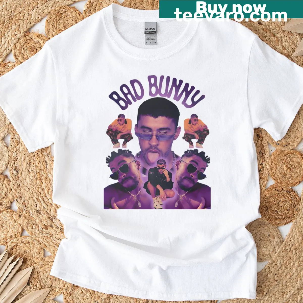 Illustrative T-shirt featuring a fun design inspired by Bad Bunny. — on a men's t-shirt