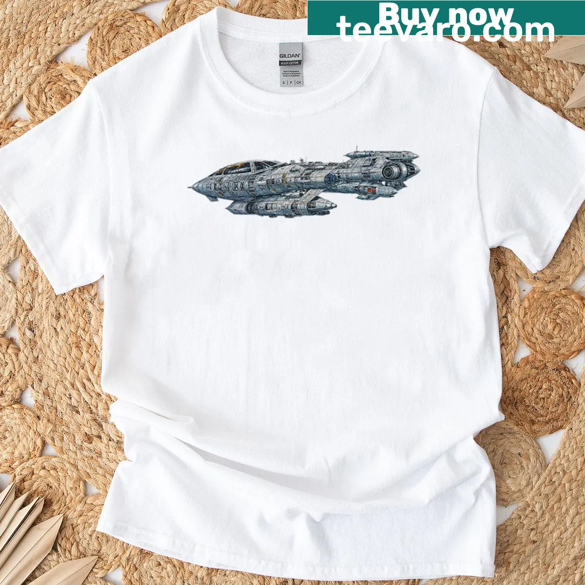 Futuristic battle starship design for sci-fi lovers — on a men's t-shirt