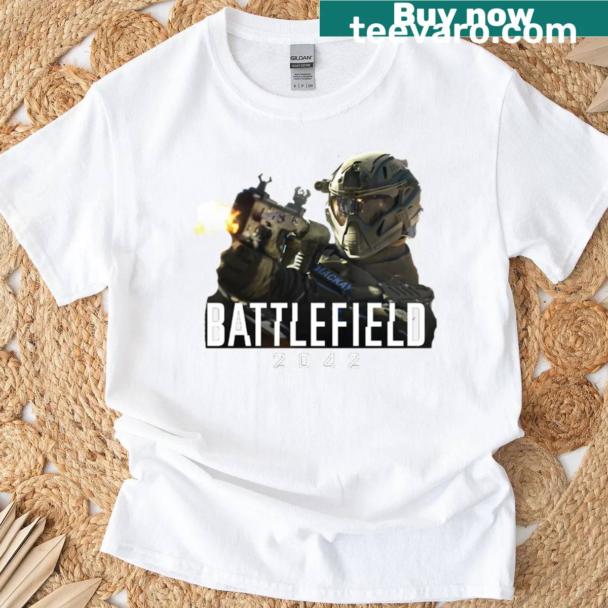 T-shirt featuring futuristic soldier art from Battlefield 2042 — on a men's t-shirt