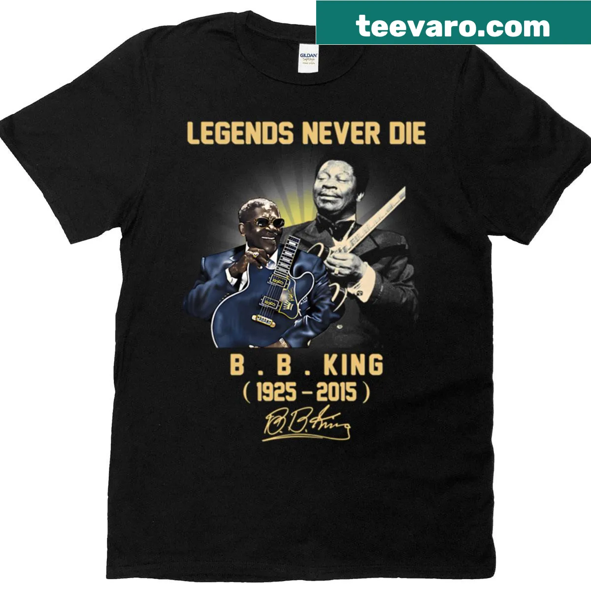 Tribute shirt featuring B.B. King with bold text design. — on a men's t-shirt