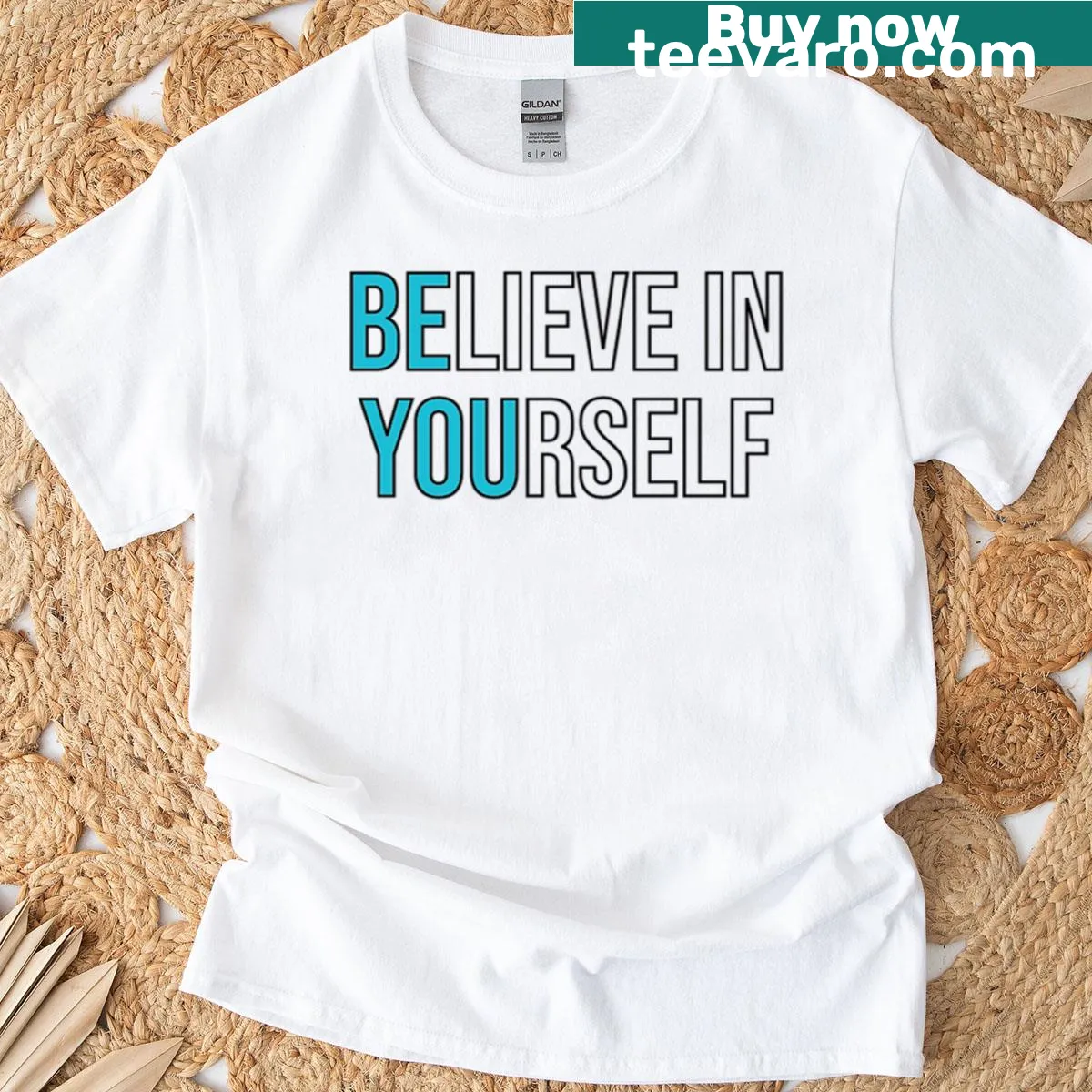 T-shirt with bold typography 'Be You Believe In Yourself' — on a men's t-shirt