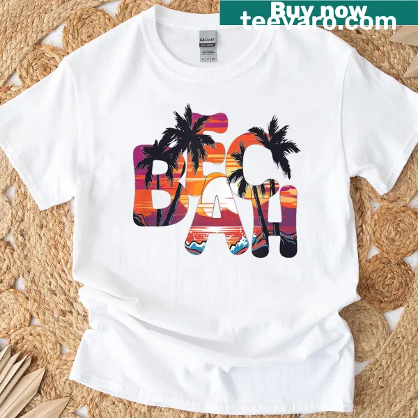 Illustration of a beach sunset with palm trees on a t-shirt
