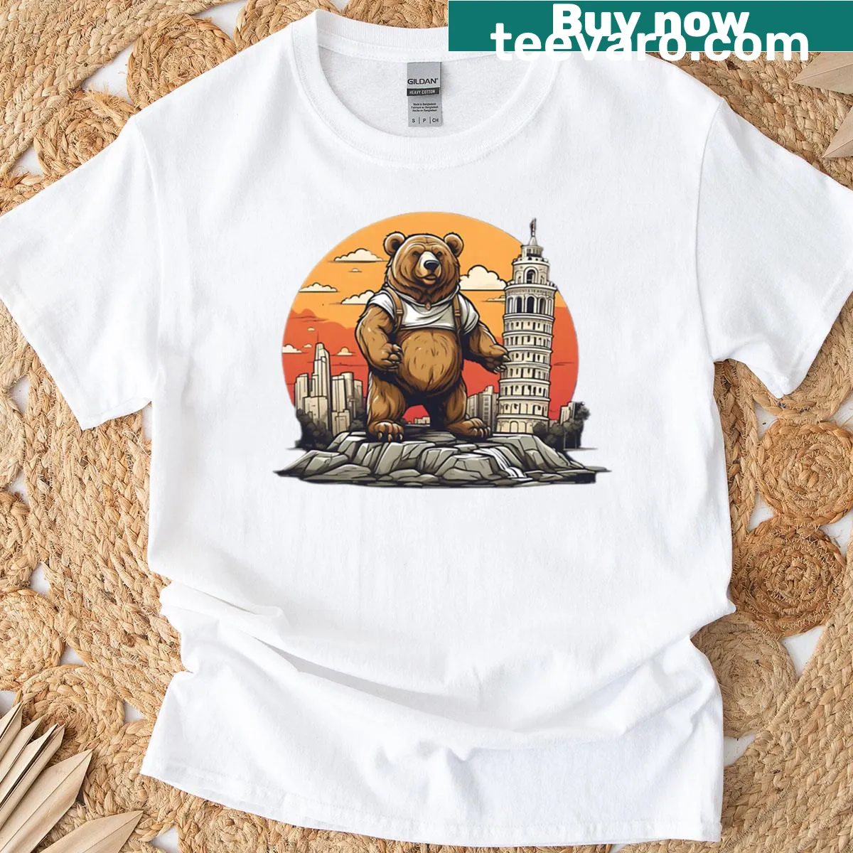 Realistic T-shirt featuring a bear in front of the Leaning Tower — on a men's t-shirt