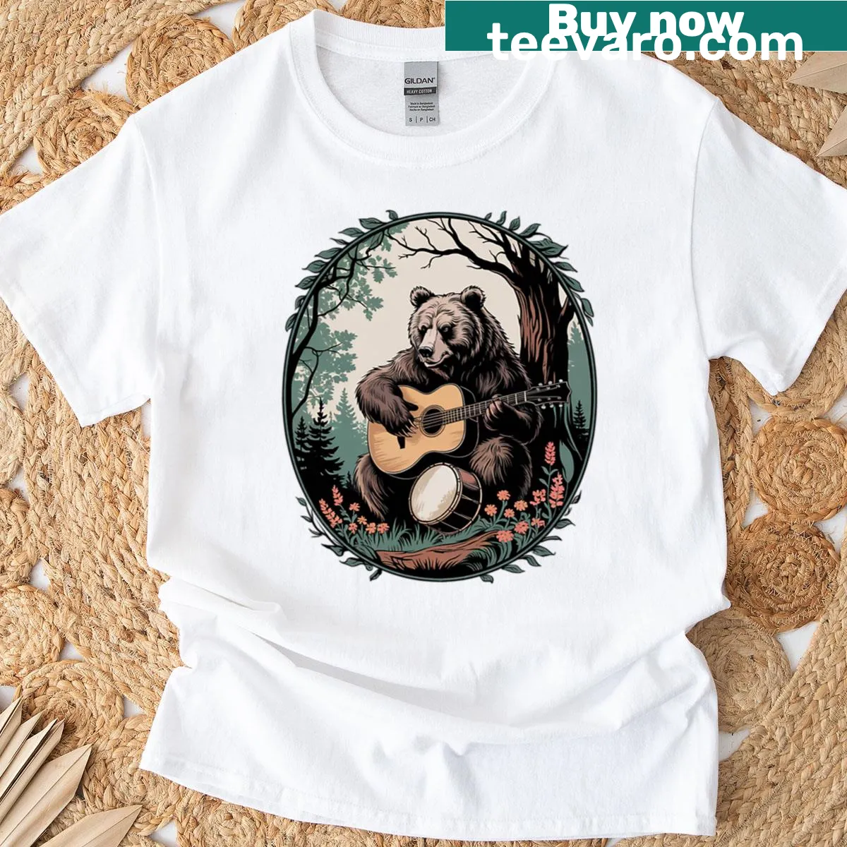 Cute bear playing guitar, cottagecore design for music lovers — on a men's t-shirt