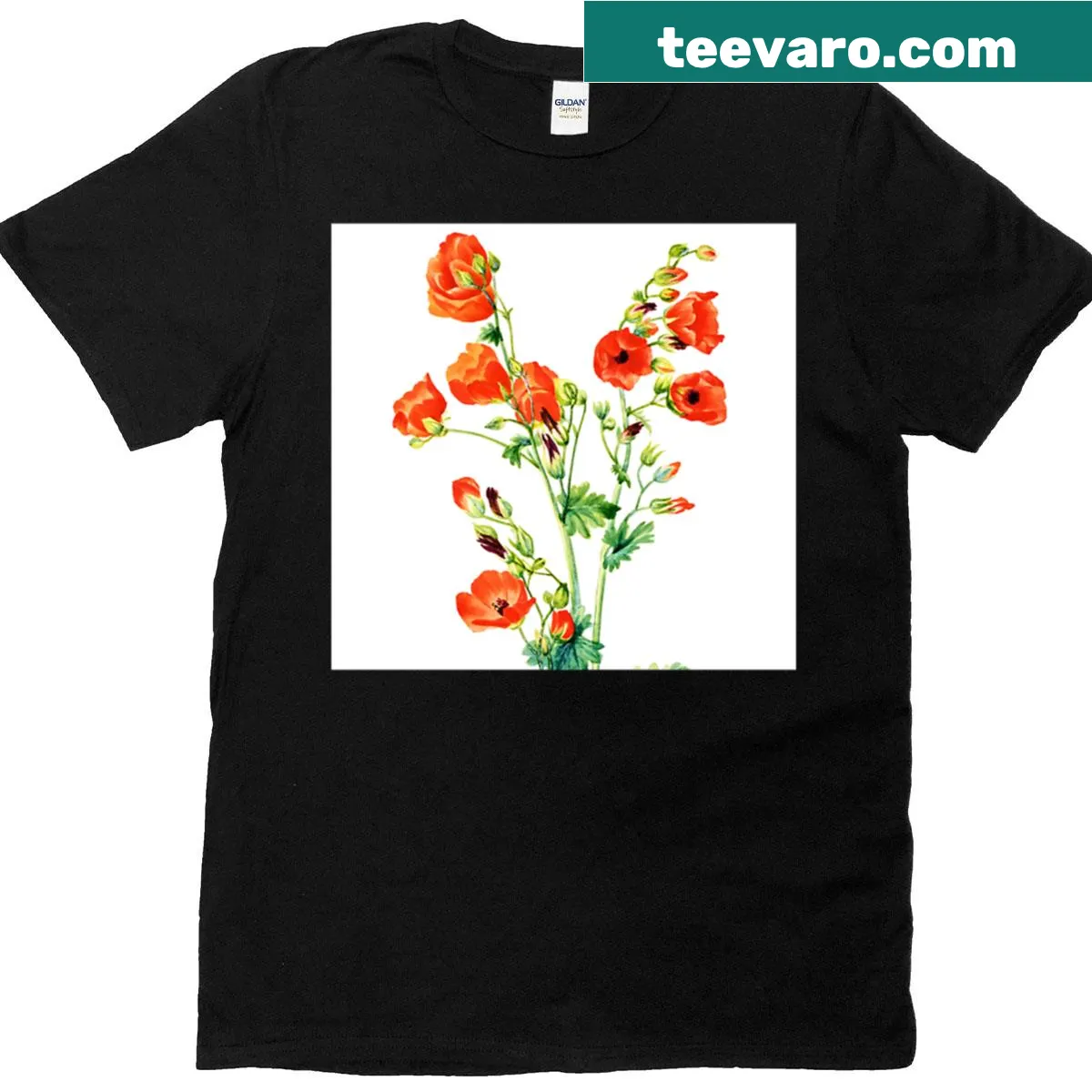 Watercolor t-shirt featuring hand-drawn red flowers design. — on a men's t-shirt