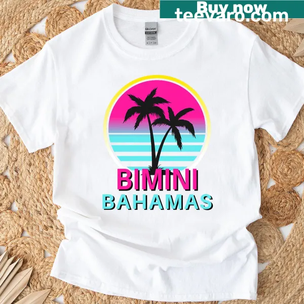 T-shirt featuring a beach illustration inspired by Bimini Beach in the Bahamas.