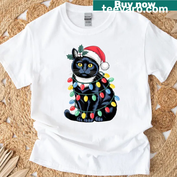 Funny T-shirt with a black cat in a Santa hat and text 'Meowy Cats'
