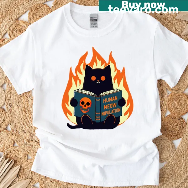 Cartoon t-shirt featuring a black cat and 'Human Meownipulation' text