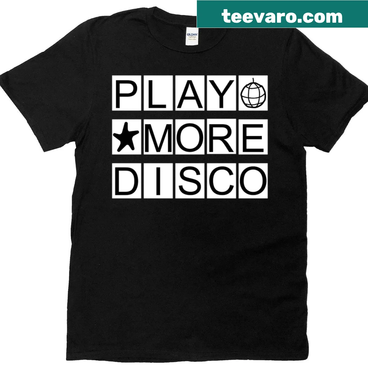 Retro T-shirt with bold text 'Play More Disco' — on a men's t-shirt