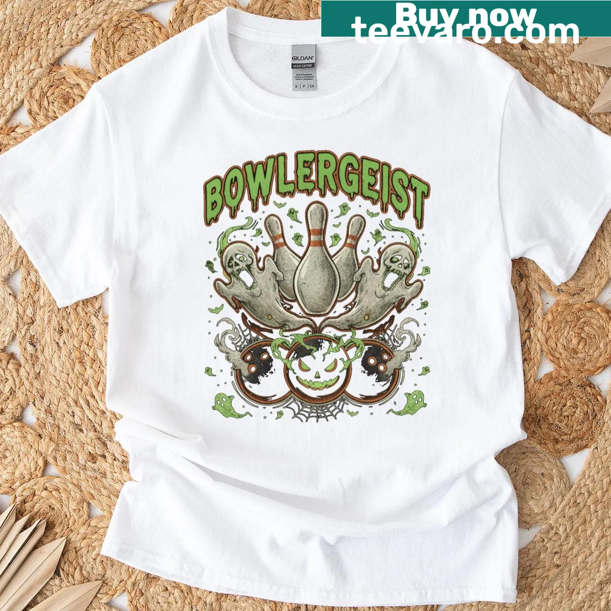 Funny Halloween-themed T-shirt with ghostly bowling pins — on a men's t-shirt