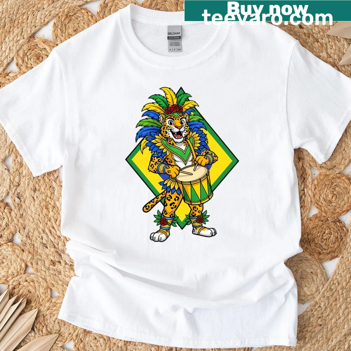 Jaguar drummer design inspired by Brazilian carnival — on a men's t-shirt