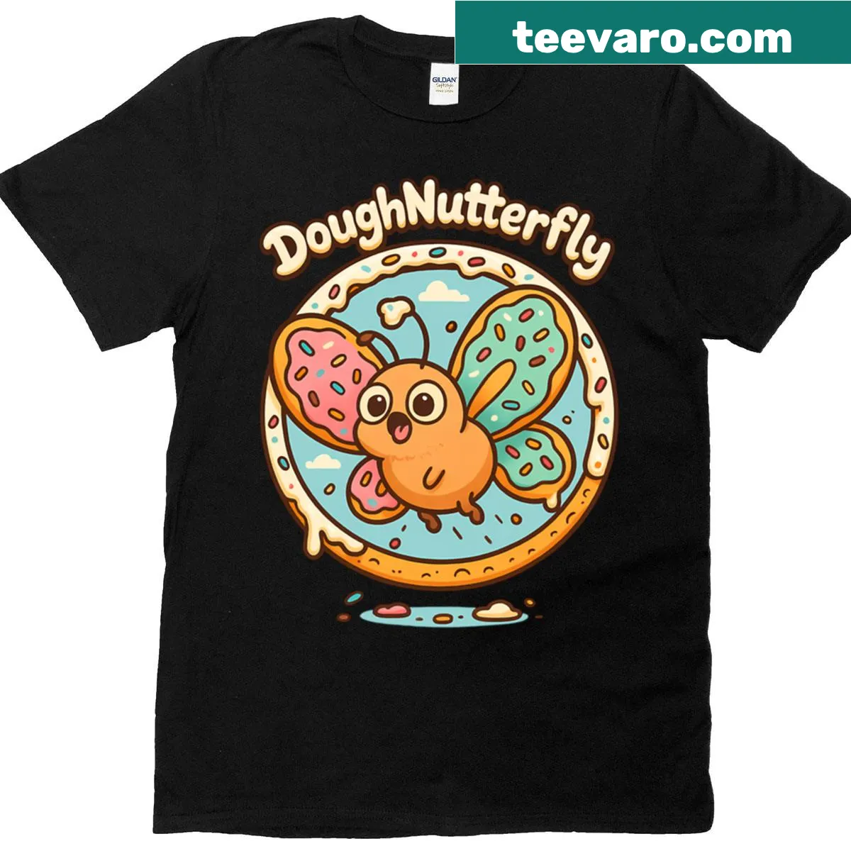 Cute T-shirt featuring a butterfly with doughnut wings — on a men's t-shirt