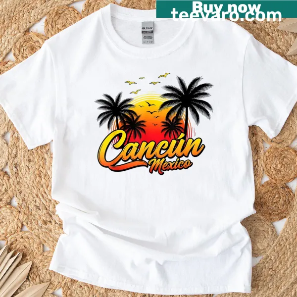 Illustration of Cancun sunset and palm trees on a T-shirt