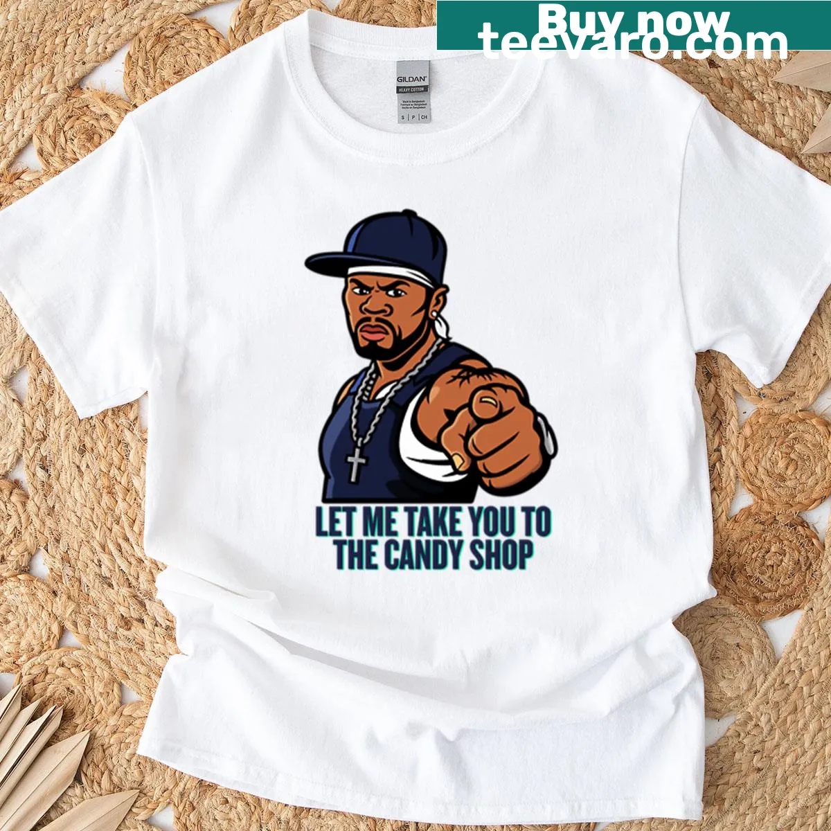 Retro candy shop themed shirt with pop culture art — on a men's t-shirt