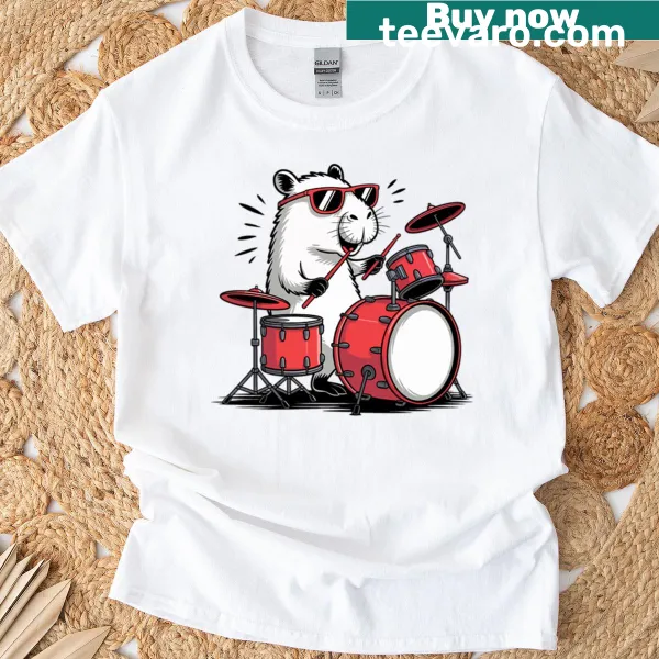 Cute capybara illustration playing drums on a t-shirt.